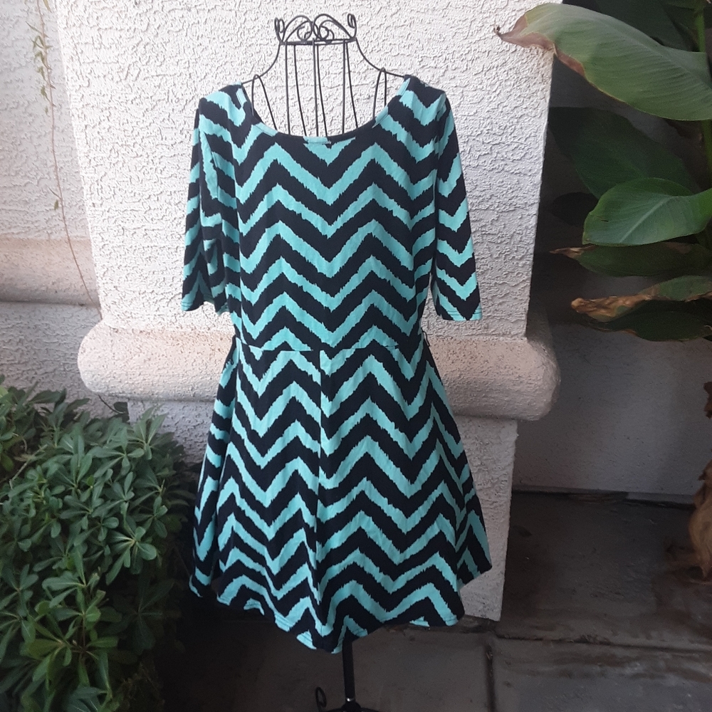 Bongo Chevron ZigZag Stripe Dress 👗 Teal & Black Sz XL
